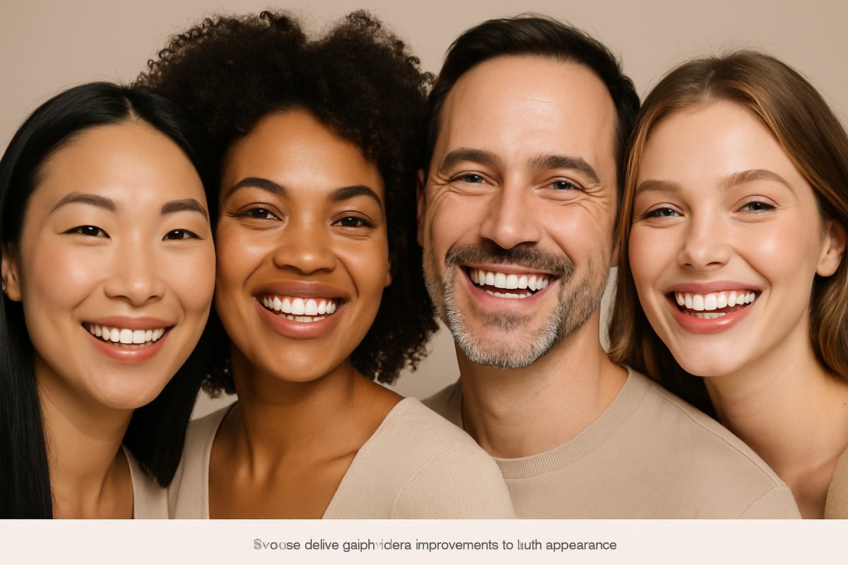 Image of a diverse group of people smiling, showcasing various types of dental veneers and improvements to tooth appearance. No text on image.