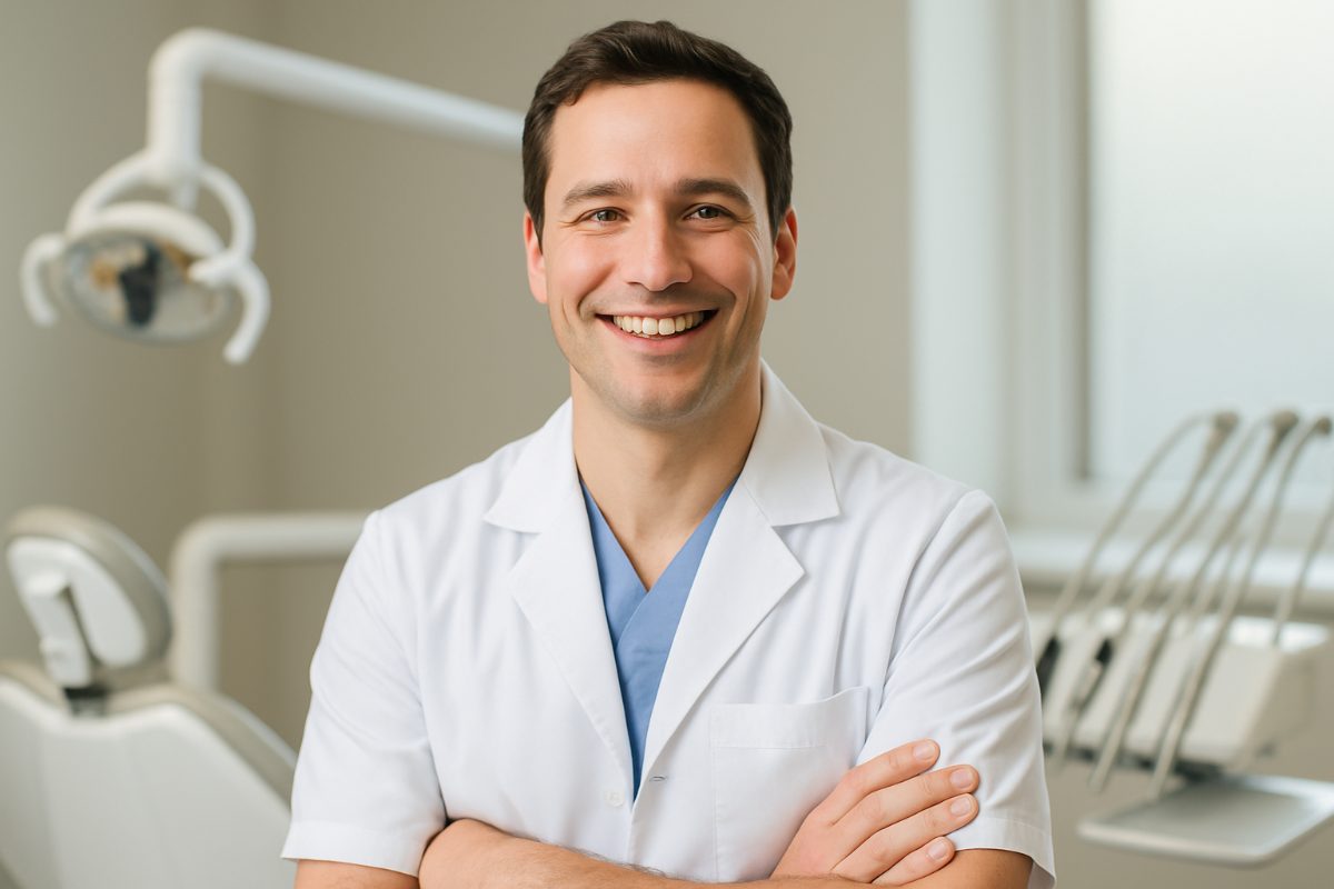 A dentist is carefully sculpting composite material onto a patient's tooth, using specialized tools under a bright operatory light. No text on image.
