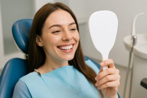 A female patient smiling in a dental chair, looking at a mirror and admiring her new porcelain veneers. No text.