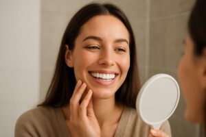 A smiling woman looking in the mirror, admiring her new porcelain veneers. No text on the image.