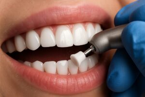 Close up of a person's mouth with porcelain veneers being polished by a dental professional. No text on the image.