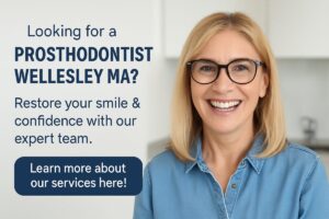 A smiling, confident patient is shaking hands with a prosthodontist in a modern dental office. The prosthodontist is pointing to a digital scan of the patient's teeth on a computer screen. No text on image.